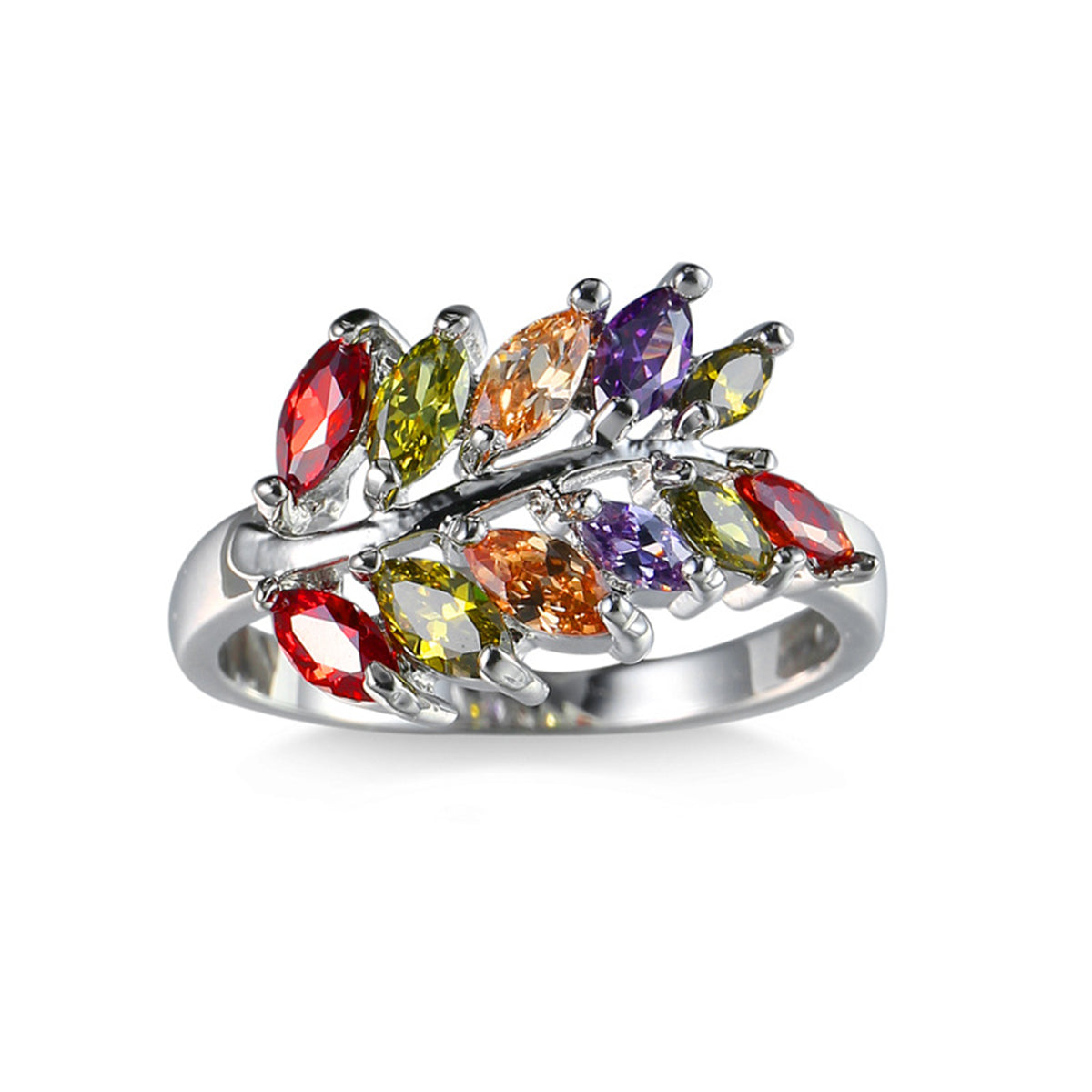 Marquise Crystal and Silver-Plated Leaf Ring, silver statement rings for women, vintage-inspired design, styled look