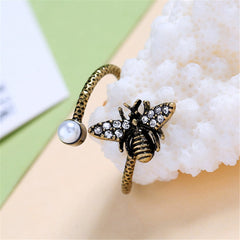Cubic Zirconia & Pearl 18K Gold-Plated Antiqued Bee Bypass Ring