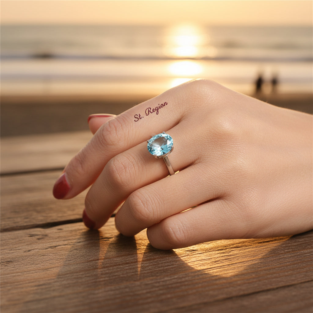 Sea Blue Crystal & Silver-Plated Oval-Cut Solitaire Ring