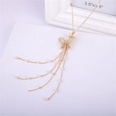 Pearl & Cubic Zirconia Enamel Butterfly Tassel Pendant Necklace