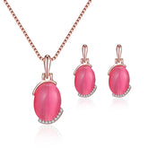 Dark Pink Cats Eye & 18K Rose Gold-Plated Pendant Necklace & Stud Earrings Set