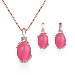 Dark Pink Cats Eye & 18K Rose Gold-Plated Pendant Necklace & Stud Earrings Set