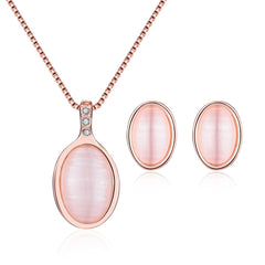 Pink Cats Eye & 18K Rose Gold-Plated Pendant Necklace & Stud Earrings Set
