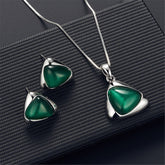 Green & Silver-Plated Triangle Pendant Necklace & Stud Earrings