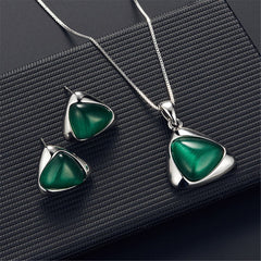 Green & Silver-Plated Triangle Pendant Necklace & Stud Earrings
