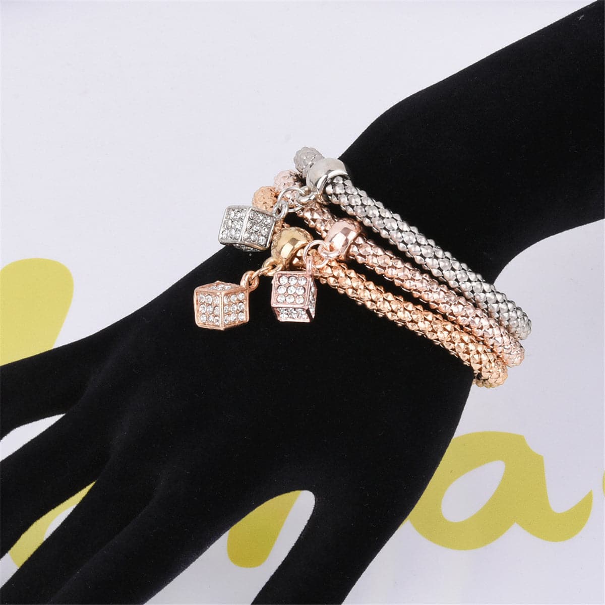 Cubic Zirconia & Three-Tone Hollow Cube Charm Bracelet Set