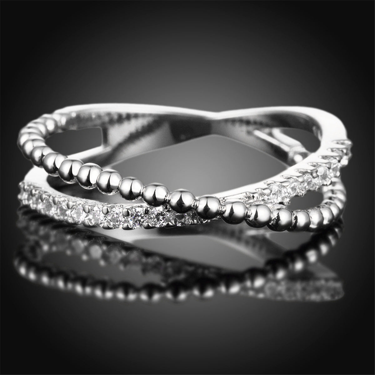 Cubic Zirconia and Silver-Plated Crossed Line Ring, silver statement rings for women, everyday style, styled look