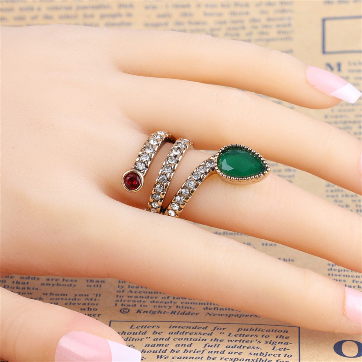 Green Crystal and Cubic Zirconia Snake Band Ring, statement rings for women, dainty minimalist design, styled look