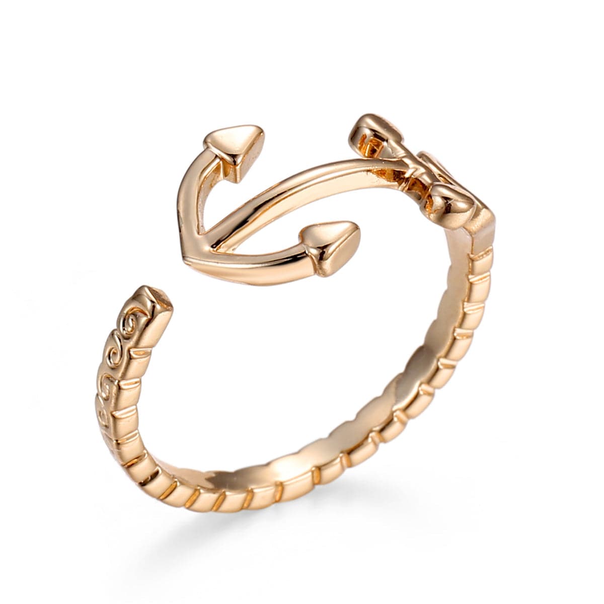 Elegant 18K gold-plated anchor ring featuring a unique rope design, perfect for nautical-themed jewelry lovers.