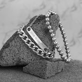 Silver-Plated 'Corazén' ID Curb Chain Beaded Stretch Bracelet Set