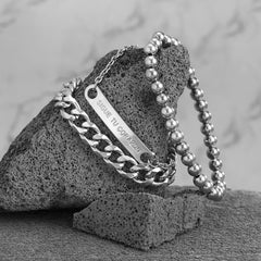 Silver-Plated 'Corazén' ID Curb Chain Beaded Stretch Bracelet Set