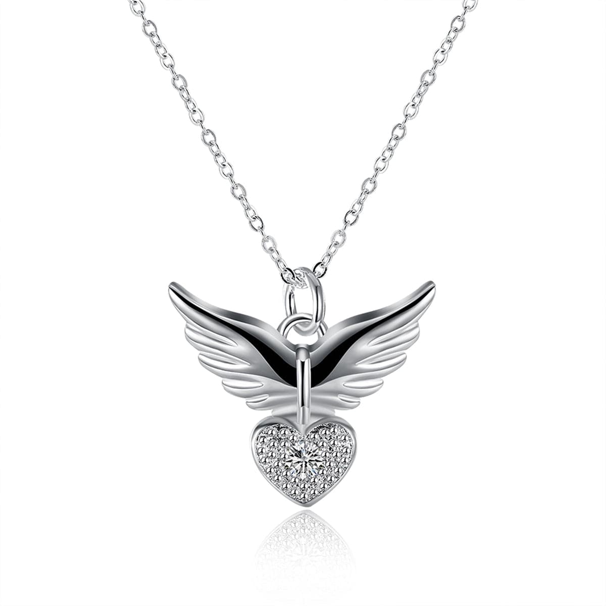 cubic zirconia & Silver-Plated Flying Heart Pendant Necklace - streetregion
