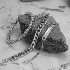 Silver-Plated 'Corazén' ID Curb Chain Beaded Stretch Bracelet Set