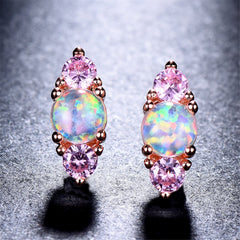 Elegant opalite stud earrings with round-cut opal and pink cubic zirconia, perfect for any occasion.
