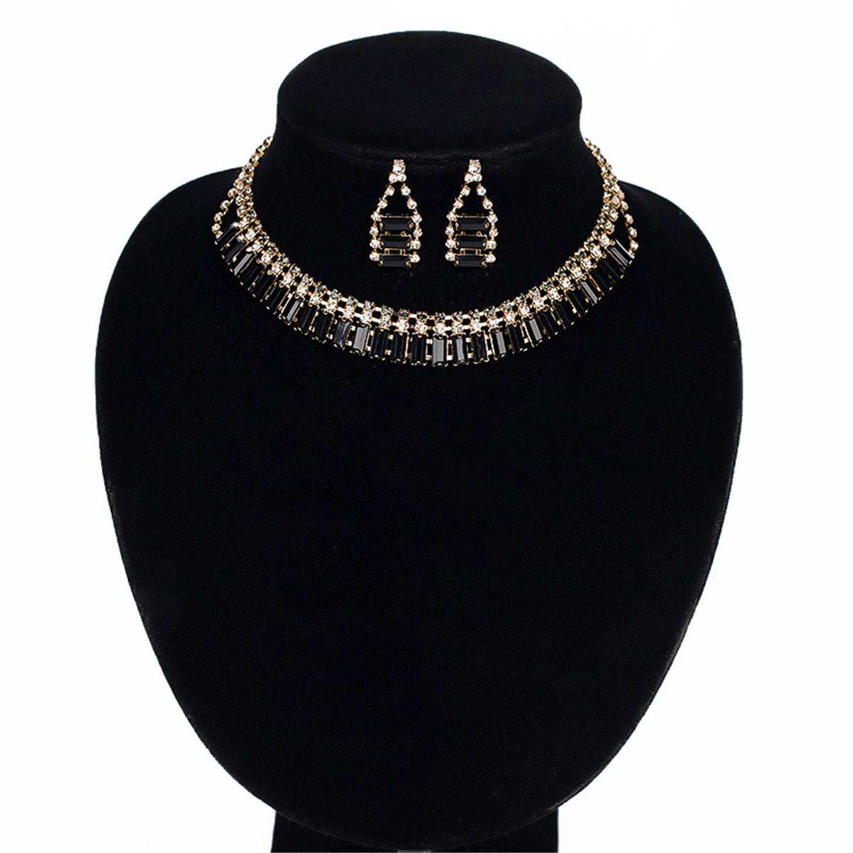 Black Crystal & Cubic Zirconia Drop Earrings & Statement Necklace