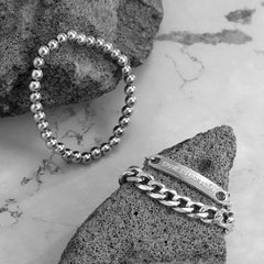 Silver-Plated 'Corazén' ID Curb Chain Beaded Stretch Bracelet Set