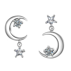 Elegant crescent diamond earrings with cubic zirconia, silver-plated, designed as inverted moon and star drops.