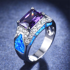 Blue Opal & Purple Crystal Rectangle Ring