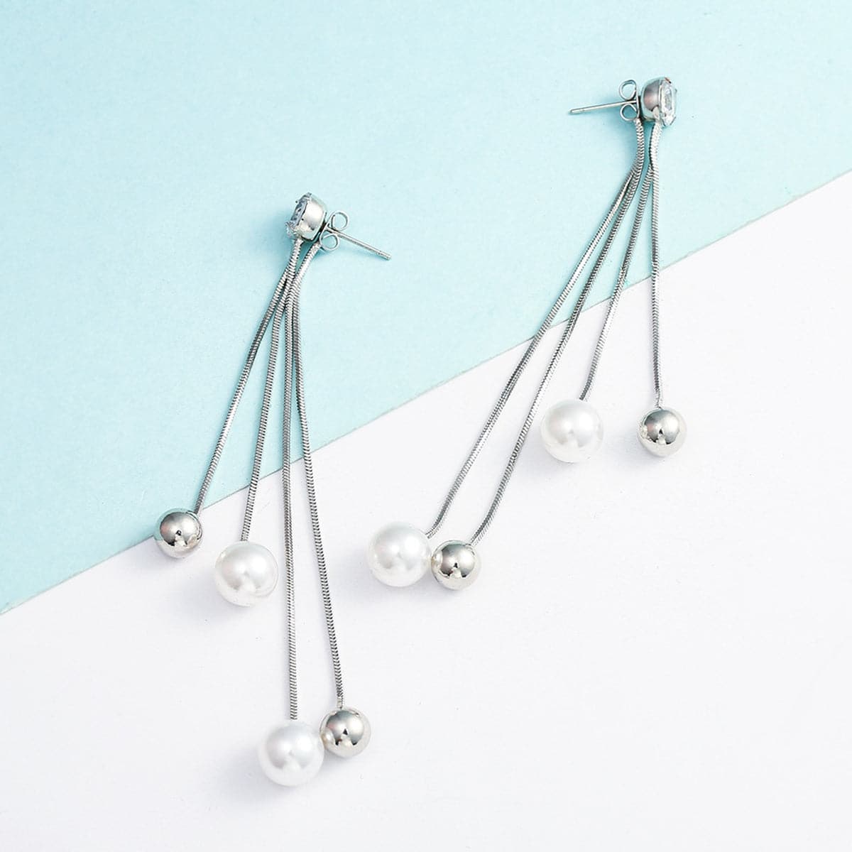 Pearl and Cubic Zirconia Silver-Plated Ball Tassel Drop Earrings, silver drop earrings for women, detail close-up