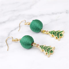 Green Polyster & Enamel 18K Gold-Plated Christmas Tree & String Ball Drop Earrings