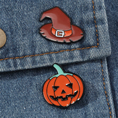 Enamel & Rhodium Plated Pumpkin Witch Hat Badge Set