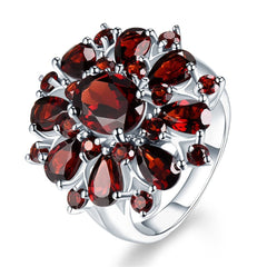 Red Crystal & Silver-Plated Floral Cocktail Ring