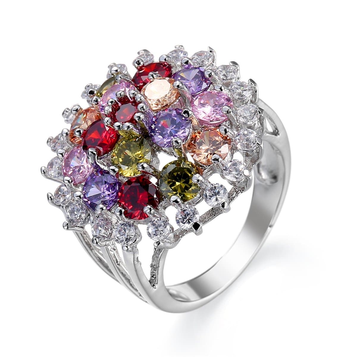 Jewel-Tone Cubic Zirconia & Platinum-Plated Sunflower Ring - streetregion