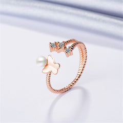 Cubic Zirconia & Pearl 18K Rose Gold-Plated Butterfly Split-Shank Open Ring
