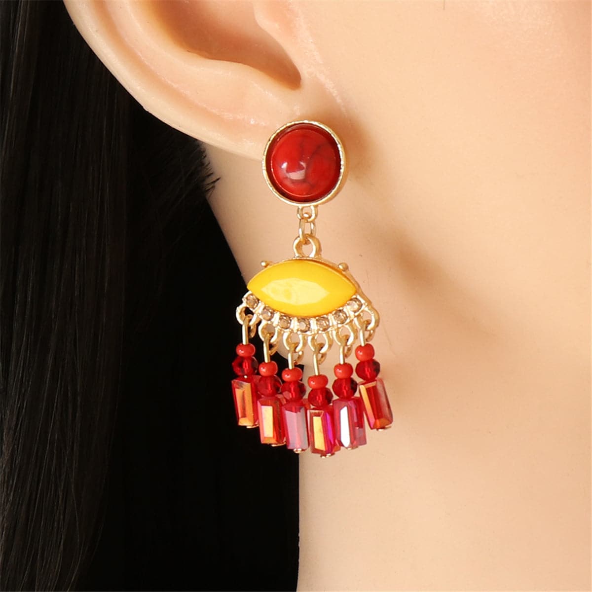 Turquoise and Red Cubic Zirconia Tassel Drop Earrings, drop earrings for women, botanical inspired, styled look