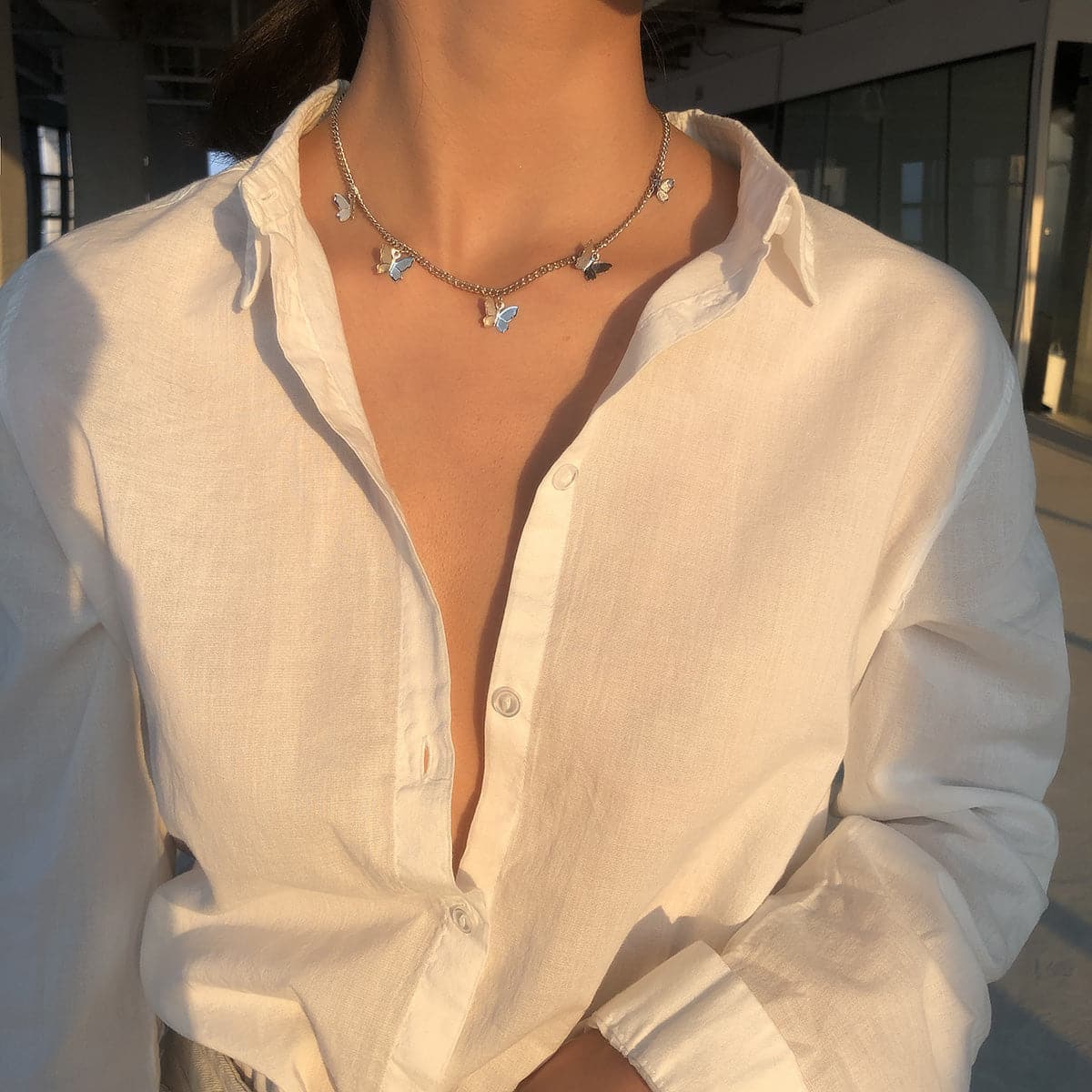 Silver-Plated Butterfly Station Choker Necklace