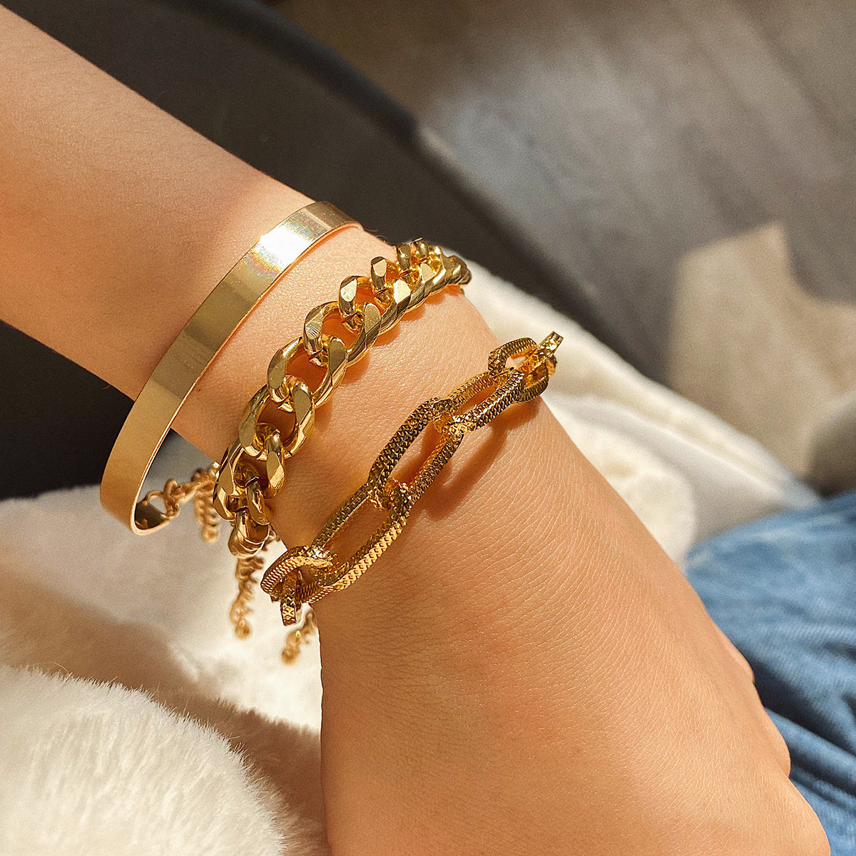 18K Gold-Plated Cut Figaro Bracelet Set, jewelry gift sets for women, everyday style, styled look