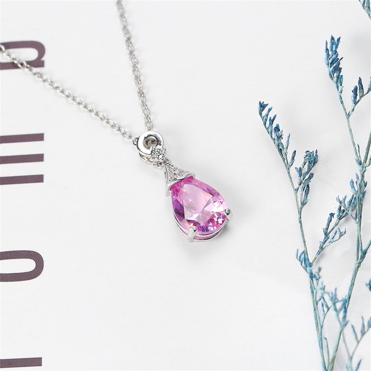 Cubic Zirconia and Pink Crystal Teardrop Pendant Necklace, pendant necklace for women, elegant gift for her, styled look