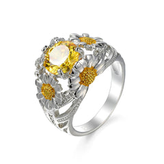 Yellow Crystal & Two-Tone Floral Cluster Ring