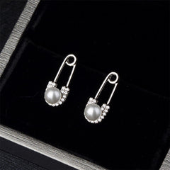 cubic zirconia & pearl Safety Pin Stud Earrings - streetregion