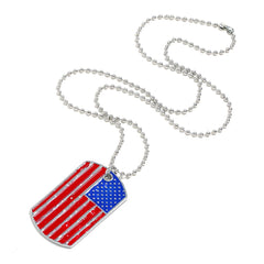 Red & Blue Enamel Stars & Stripes Dog Tag Pendant Necklace