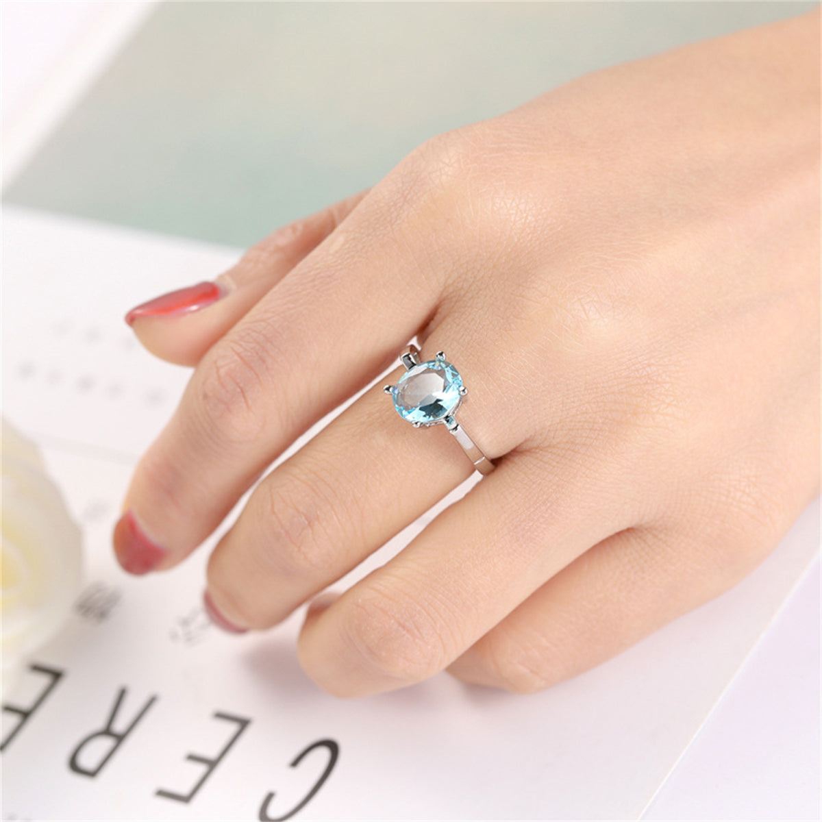 Sea Blue Crystal and Silver-Plated Openwork Geometric Oval-Cut Ring, silver statement rings for women, styled look