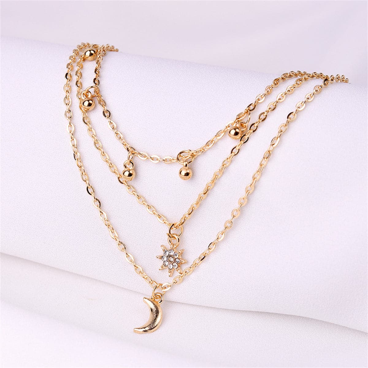 Cubic Zirconia and 18K Gold-Plated Stars Moon Layered Necklace, gold pendant necklace for women, lifestyle look
