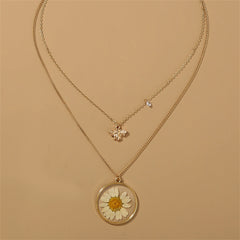 Cubic Zirconia & White Mum & Bee Layered Pendant Necklace
