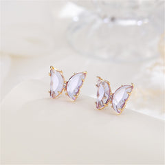 Delicate butterfly-shaped earrings adorned with rose gold plating and sparkling purple crystals.