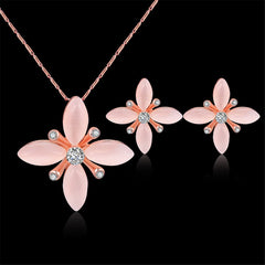 Pink Cats Eye & Cubic Zirconia Flower Pendant Necklace & Stud Earrings Set