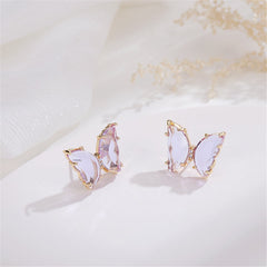 Elegant butterfly stud earrings with 18K rose gold plating and shimmering purple crystals.
