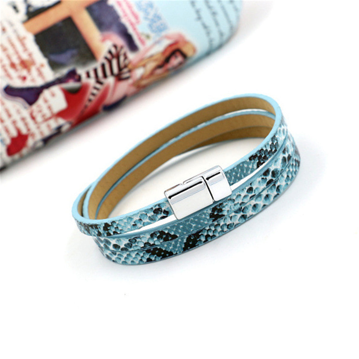 Silver-Plated and Blue Snake Wrap Bracelet, silver bangle bracelet, dainty minimalist design, detail close-up