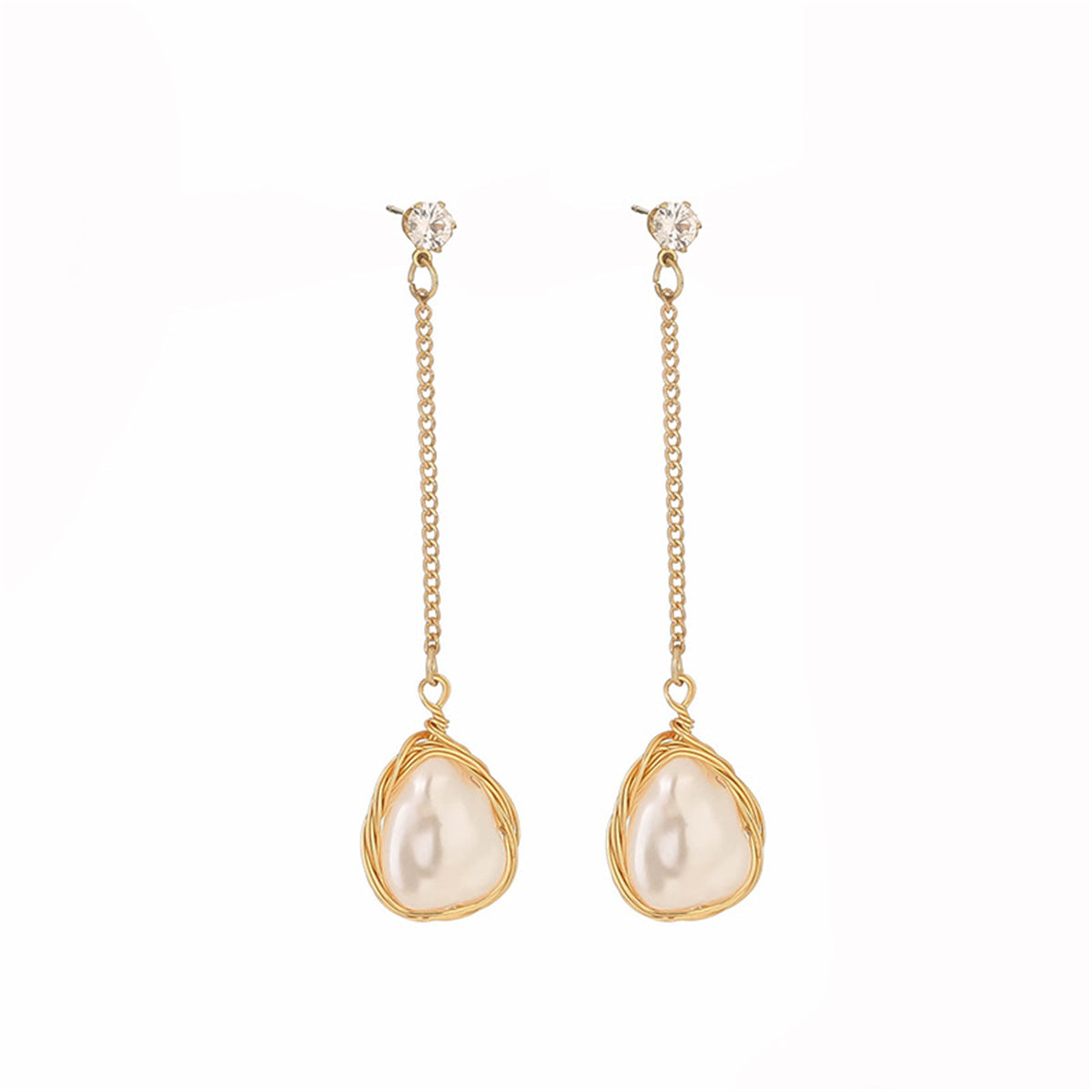 Cubic Zirconia & Pearl 18K Gold-Plated Chain Drop Earrings
