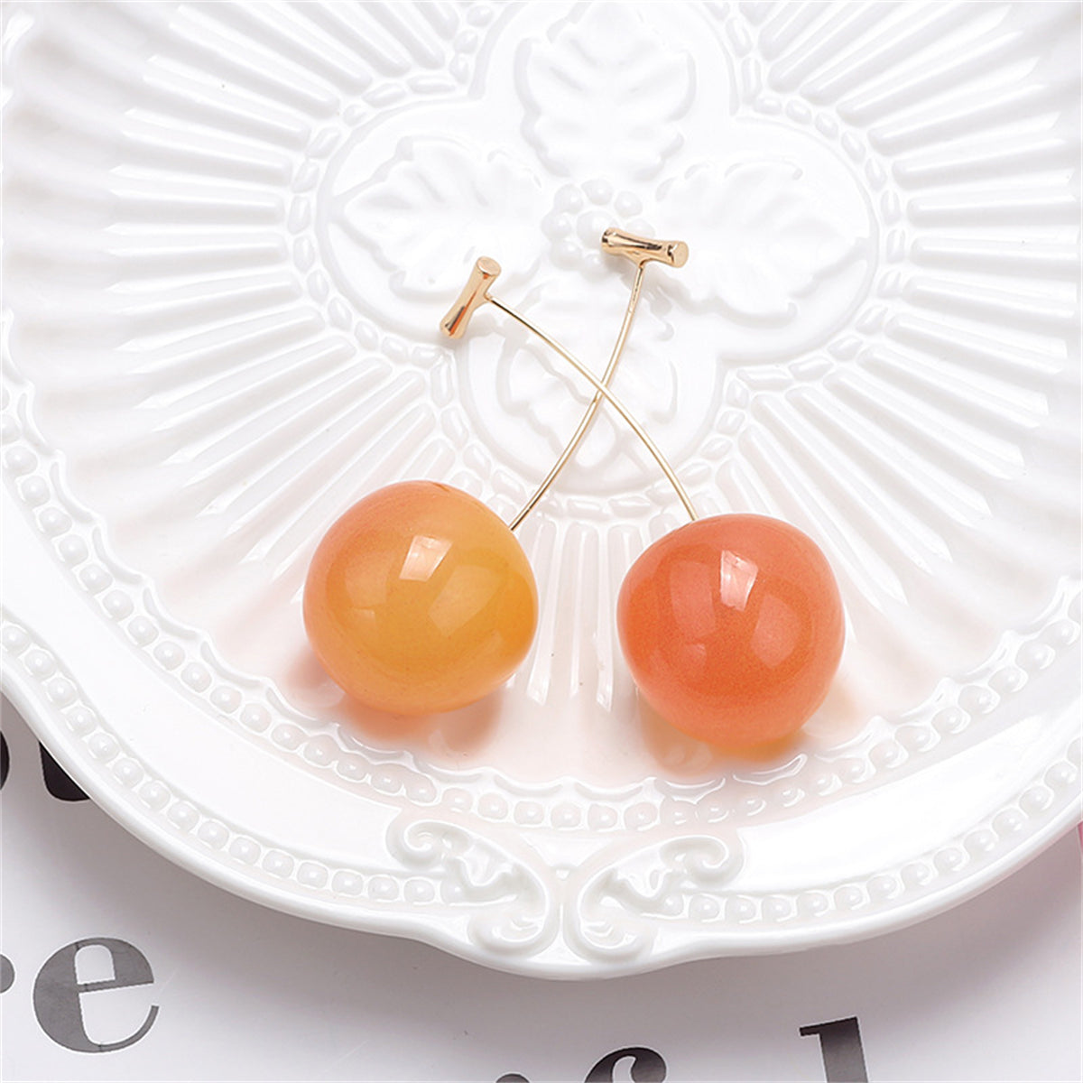 Peach and Yellow Resin Cherry Ear Jackets, drop earrings for women, vintage-inspired design, styled look