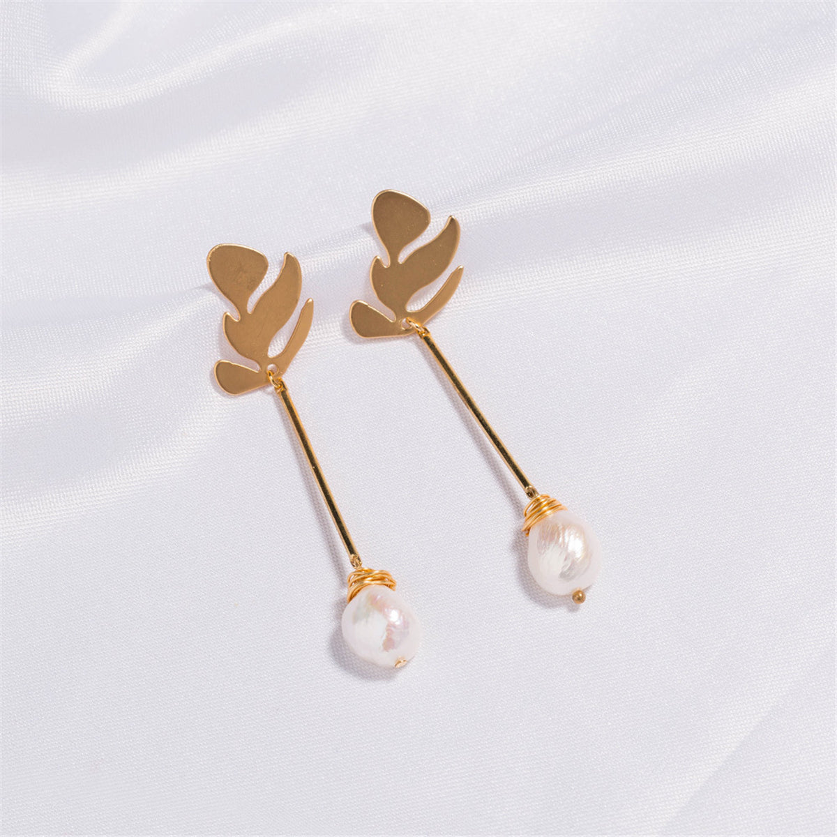 Pearl & 18K Gold-Plated Leaf Drop Earrings