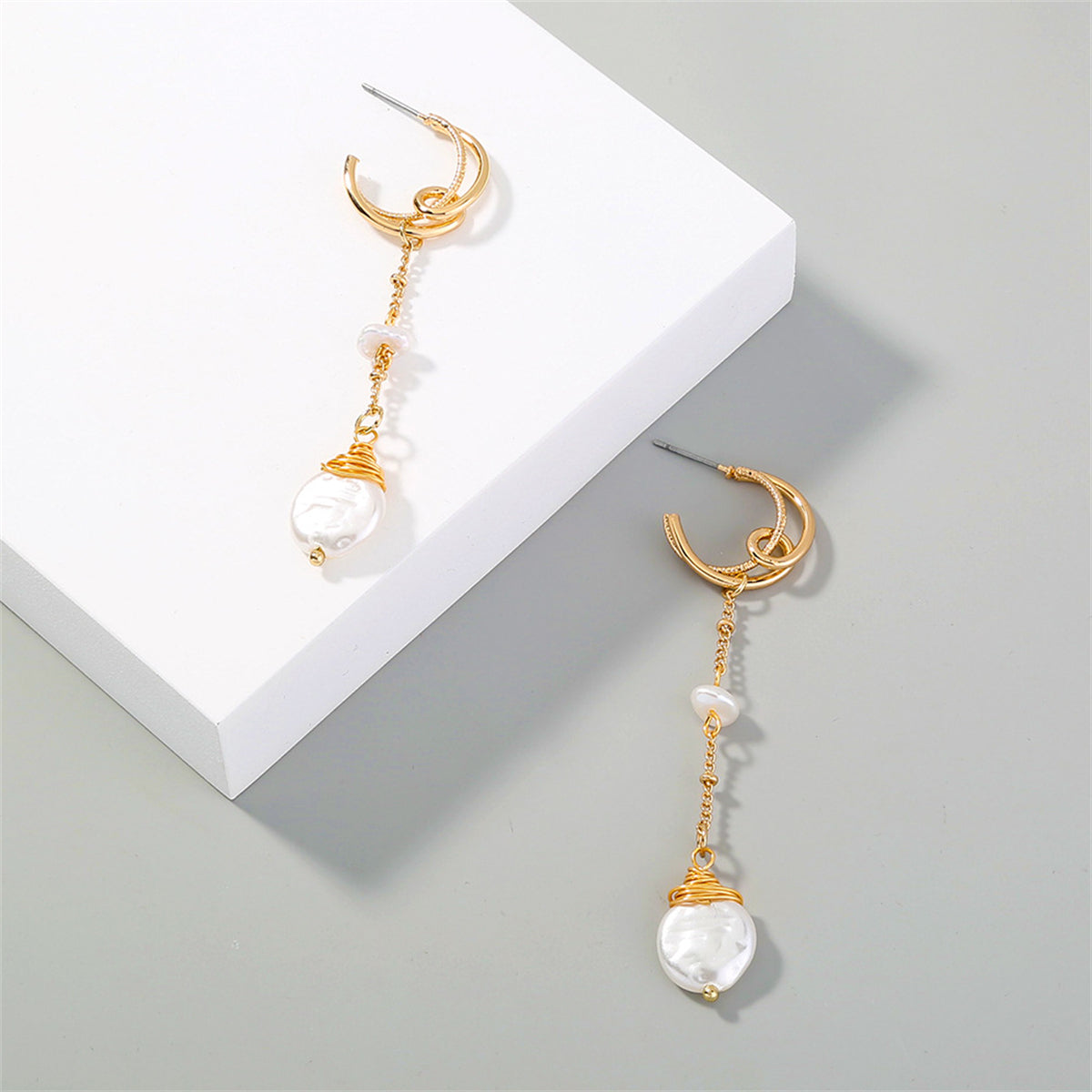 Pearl & 18K Gold-Plated Crescent Linked Drop Earrings