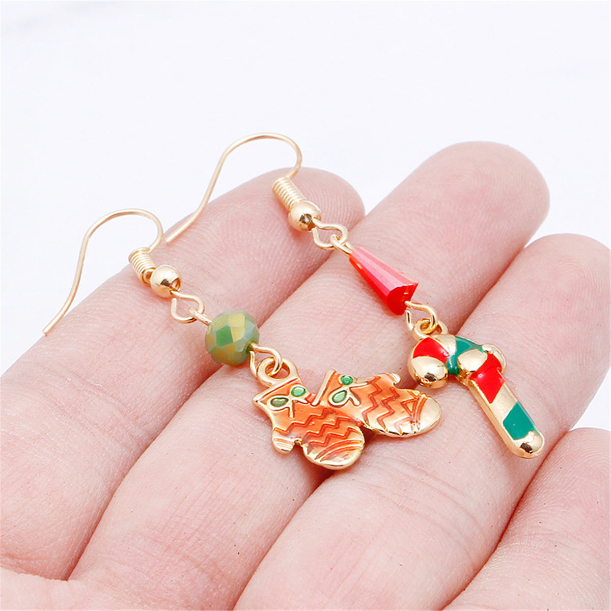 Red Enaeml and 18K Gold-Plated Candy Cane Mittens Drop Earrings, gold drop earrings for women, detail close-up