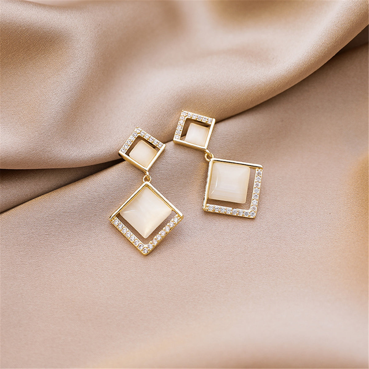 Cubic Zirconia and Cat's Eye 18K Gold-Plated Rhombus Drop Earrings, gold drop earrings for women, detail close-up
