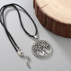 Black & Silver-Plated Openwork Round Tree Of Life Pendant Necklace
