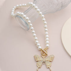 Cubic Zirconia & Pearl 18k Gold-Plated Butterfly Pendant Necklace